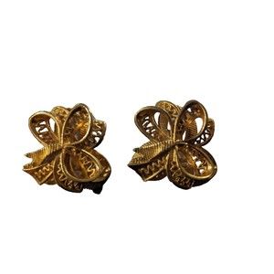 Oscar De La Renta Vintage Signed Brushed Gold Bow Design Clip On Earrings Runway